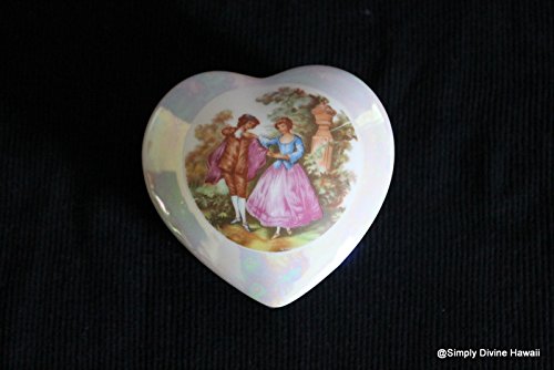 Aloha Hawaii from Japan a Small Porcelain Decorative trinket box - hearth shape Man & Woman walking in the garden