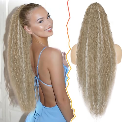 BARSDAR Long Curly Wavy Blonde Drawstring Ponytail Extensions – 30 Inch Synthetic Comb Clip in Ponytail Hairpieces for Women, Voluminous Natural Looking Pony Tails - Medium Blonde Highlights