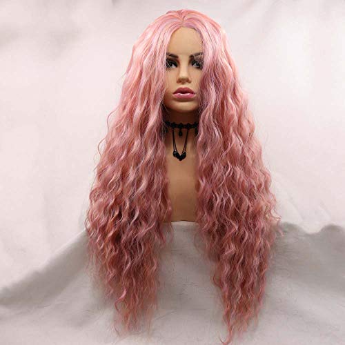 Perruque synthétique lace front rose ondulée Xiweiya en fibre Kanekalon pour femme