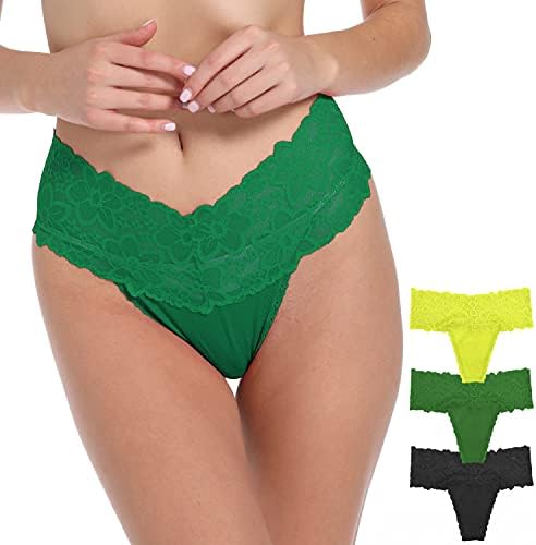 WKFIINM Black+Green+Yellow Colors Women Retro Cotton Thong High Lace Waist Plus Size Panties