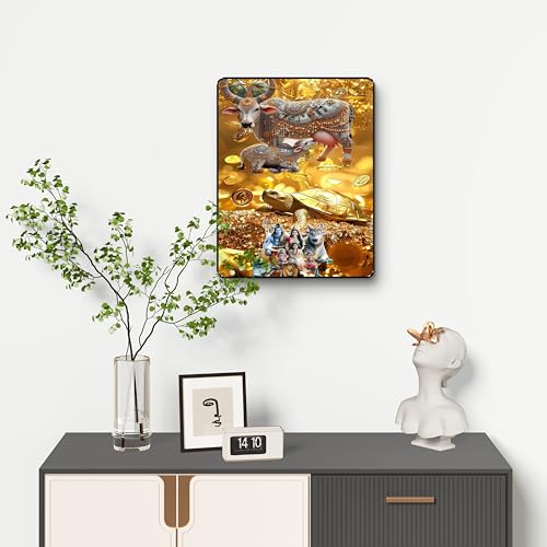 Image of SAF Divine Cow Kamdhenu Tortoise Shiva Family Gold Coin Wall Art | Vastu Black Frame Sparkle Laminated Painting | Positive Energy, Wealth & Protection Home Decor (14 Inch x 11 Inch) K-36117