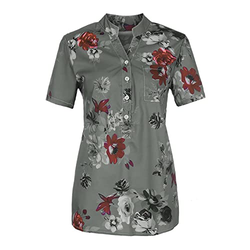 Button Down Shirts For Women Short Sleeve Retro Printing Blouse Plus Size V Neck Easy Tunic Top Shirt With Pocket (Grey, L) #TOP3
