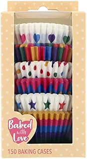 Baked With Love Rainbow Brights Cupcake Cases, 50mm Baking Cups, Mulitcoloured Stars, Stripes, Spot, Hearts, Greaseproof Paper Cases for Muffins and Cupcakes, Pack of 150, 0686970