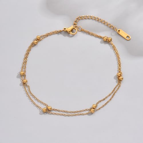 Image of 18K Gold Plated Boho Beaded Anklets for Women Dainty Gold Layered Round Ball Ankle Bracelet Pearl Cross Anklet Bracelet Waterproof Gold Jewelry