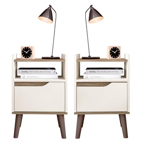Kit 2 Mesas de Cabeceira Gabriela Quarto Cama com 1 Gaveta (Off White/Canela)
