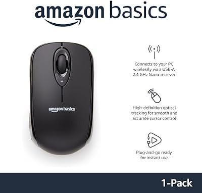 Amazon Basics 2.4 GHz Wireless Optical Computer Mouse with USB Nano Receiver, Portable, No Wires, Smooth Tracking, Multi-Device Compatibility, Black