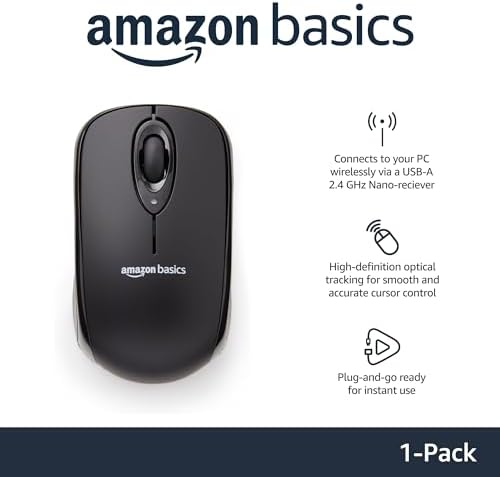 Amazon Basics 2.4 GHz Wireless Optical Computer Mouse with USB Nano Receiver, Portable, No Wires, Smooth Tracking, Multi-Device Compatibility, Black - 1