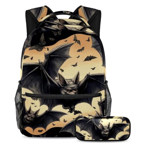 Sac à dos et trousse chauve-souris d'Halloween multicolore pour étudiants