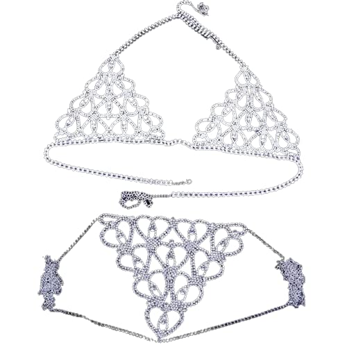 Woman Sexy Diamond Chest Chain Bra Panties Sparkly Rhinestone Body Chain Crystal Bikini Chest Jewelry Lingerie Nightclub Clothing (Silver)
