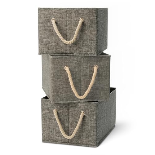 Amazon Basics Foldable Storage Bins with Rope Handles, Charcoal, Large, Pack of 3