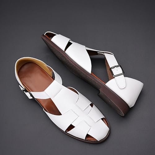 Image of Men's Leather Hollow Flat Fisherman Sandals with Buckle Comfortable Round Toe Breathable Low Heel Non-slip Roman Sandals for Leisure, Work, Driving