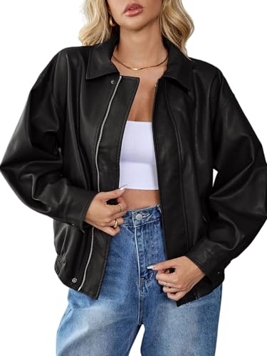 HOUZONIY Damen Lederjacke übergroß Kunstlederjacke Modisch für Herbst und Winter Lange Ärmel Zip Up Mantel