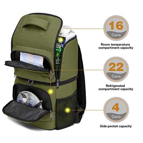 Tuguan Insulated Cooler Backpack 38/42 Cans Double Deck Leakproof Lightweight Soft Lunch Backpack Small Cooler Bag Beach Picnic, Green #TOP3