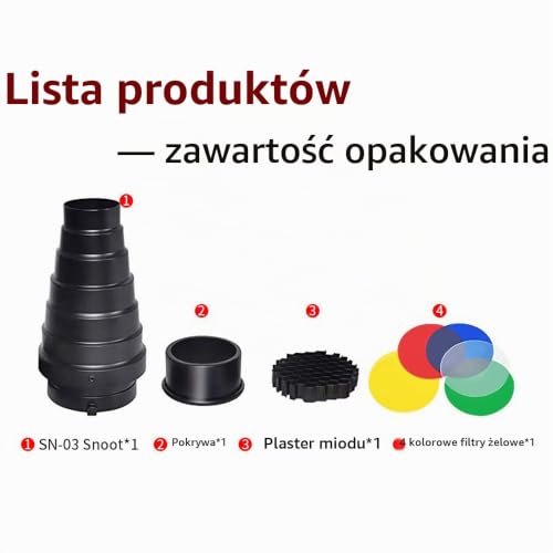 Soonpho Stożkowy zestaw Snoot ze stopu aluminium do Bowens-Mount-Strobe-Flash-Speedlite, w zestawie kratka o strukturze plastra miodu i 5 kolorowych filtrów
