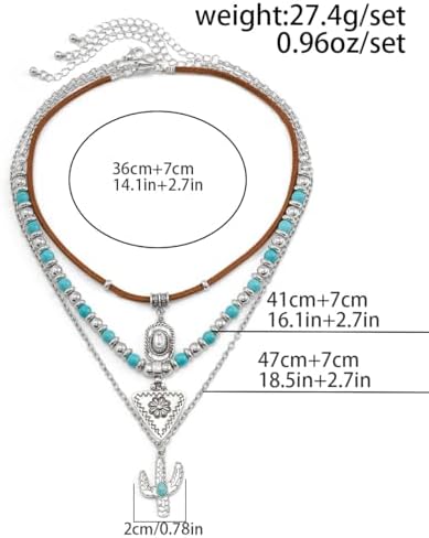 Todu 4PCS Boho Western Necklace for Women Turquoise Beaded Cactus Horseshoe Chunky Layered Stack Pendant Necklace Western Country Concert Jewelry for Cowgirl Cowboy - 5