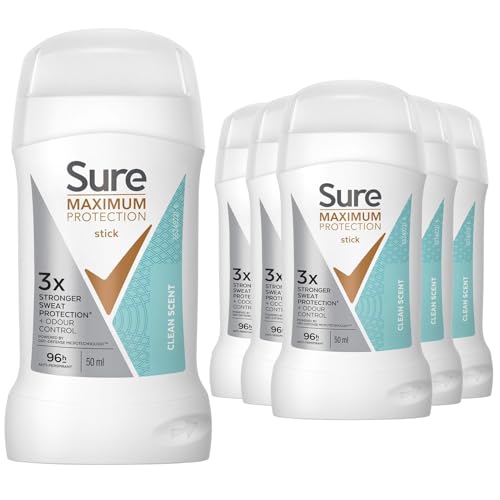 Sure Men Maximum Protection Clean Scent 50ml 6 Pack - Clinical Strength Anti-Perspirant Cream Stick for 96H Sweat Protection Dermatologically Tested Formula