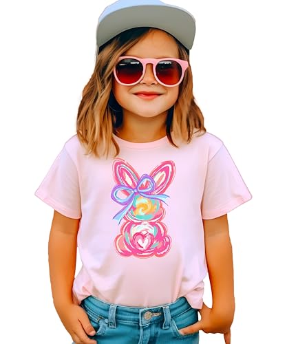 Colorful Painted Easter Bunny & Bow Shirt for Girls Spring Coquette Tee for Kids4
