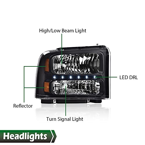 Image of GRAND ORANGE LED DRL Headlights Assembly, Compatible with 2005 2006 2007 Ford F250 F350 F450 F550 Super Duty bumper Headlamp, Amber Corner Headlight(Clear lens Black Housing Amber Reflector)