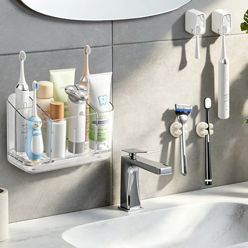Juego Mural de 5 Piezas, 1 Soporte Cepillo de Dientes Eléctrico (5 Ranuras, Divisores Extraíbles), 2 Portacabezales con Tapa, y 2 Silicona Blanca Soporte Cuchilla Afeitar