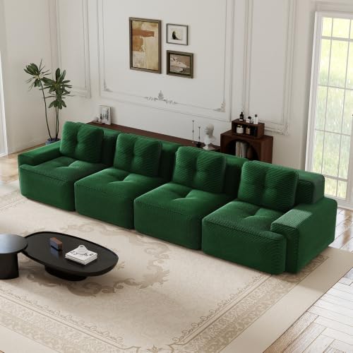 Image of 153 inch Extra Large 4-Seater Modular Boneless Couch, Luxury Corduroy Fabric, Deep Seat Cloud sectional Sofa with Buckle Connection, No Assembly Anti-Slip Couch for Big Living Room, Green