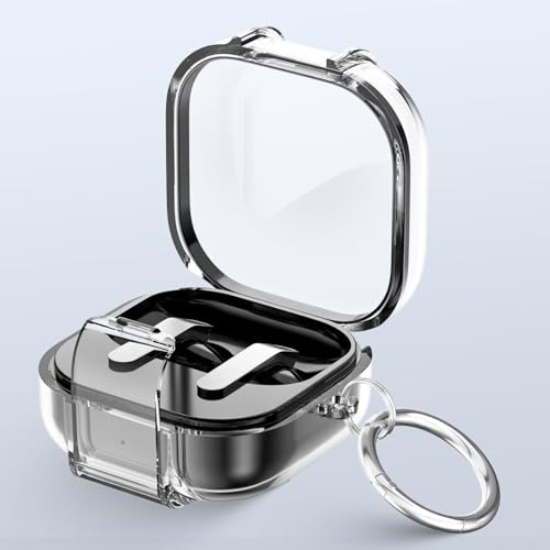 Image of Hybrid Transparent Case for Samsung Galaxy Buds 4 and 4 Pro with Metal Keyring, Built-in Phone Stand, Locking-Switch Cover (Transparent Black, Clear Lock with Stand)