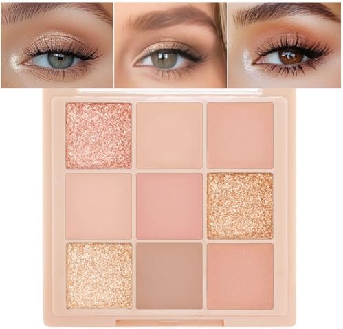 Paleta de sombras de ojos en 9 tonos nude, paletas de maquillaje de sombras de ojos naturales para mujeres, paleta de sombras de ojos en tonos neutros y claros, de larga duración, aspecto