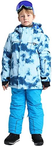 YFPICO Snowsuits Boys Ski Suit 2 Pcs Set Ski Jacket Trousers Snowsuit Kids Ski Suit Fleece Lined Hooded Thicken Waterproof Windproof Ski Snow Outdoor Snowboard Outfits Age 5-15 Years