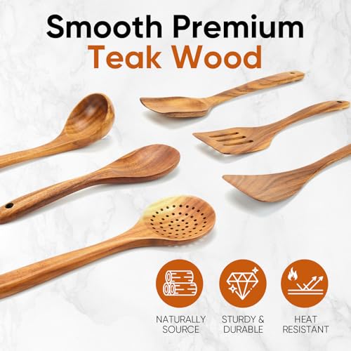 Image of EZuncle 6 Piece Wooden Cooking Spoon Set - Ideal for Non-Stick Pans, Heat Resistant Solid Wood, Smooth Teak Cutlery for a Comfortable Grip - Lightweight and Durable - Easy to Clean(6 PCS Large)