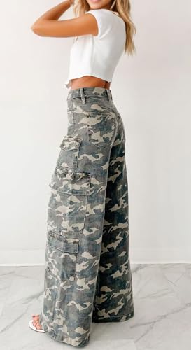 loveimgs Women Casual Camo Print Denim Pants Y2k Wide Leg Cargo Jeans Flare Distressed Camouflage Jeans Sweatpants Pockets4