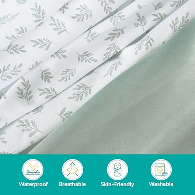 Biloban 4-Pack Crib Sheets Waterproof for Boys Girls, Fitted Crib Sheet for Standard Crib and Toddler Mattress Protector, Super Soft Microfiber Baby Sheet 52x28x8in(Green+Leaf)