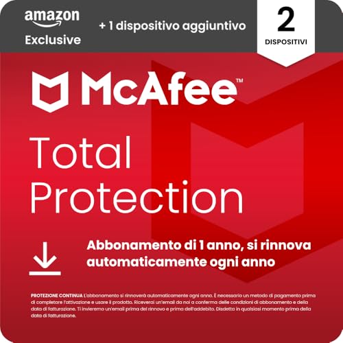 McAfee Total Protection - 2 più 1 Dispositiv aggiuntivo 2026 | Antivirus, VPN gestore delle password, software di sicurezza,| Abbonamento di 1 anno con rinnovo automatico, Scarica