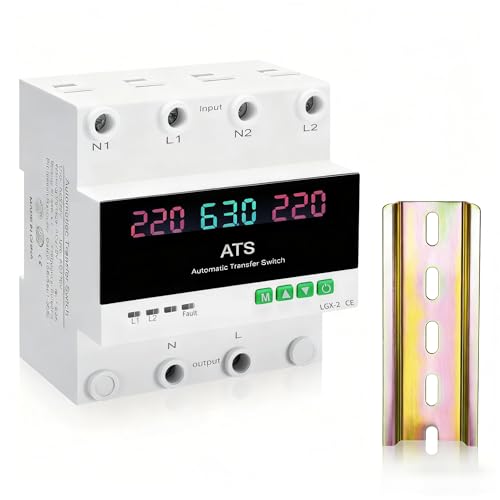 Interruptor de Transferencia Automática ATS 63A 220V Monofásico, Conmutador con Protección Ajustable de Sobretensión y Subtensión y Pantalla LED, Interruptor para Grupo Electrógeno y Red Eléctrica