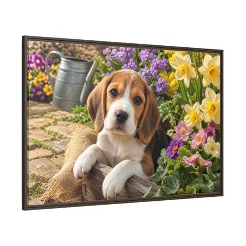Cadre Beagle chiot de salon 120x80cm toile premium finition espresso