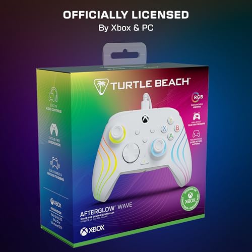 Turtle Beach Afterglow Wave Controller Blanc Manette de jeu RGB filaire - Licence pour Xbox Series XS, Xbox One et Windows - Boutons programmables, gachettes à effet Hall, commandes audio