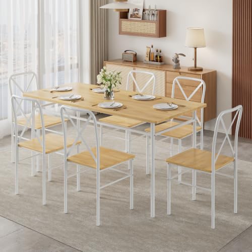 Image of VECELO 7-Piece Dining Table Set for 6, Wood Dinette with Chairs, Natural White