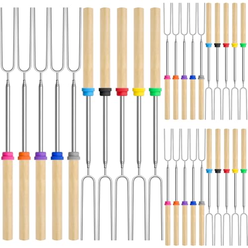 30 Pack Smores Sticks Kit, 32 Inch Marshmallow Roasting Sticks for Fire Pit, Extendable Hot Dog Smores Skewers Camping Accessories Marshmellow Forks Campfire BBQ Grill Tools, 10 Colors