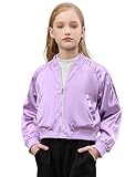Jxstar Girls Bomber Jacket Lightweight Zip Up Cropped Jackets Teen Long Sleeve Coats Casual Satin Outerwear with Pockets, 12-13Y