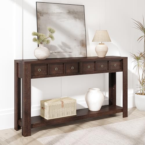 Garvee 59 in Long Console Table, Wooden Entryway Table with 2 Drawers & Open Storage Shelf, Sofa Table Behind Couch, Farmhouse Entry Foyer Table for E