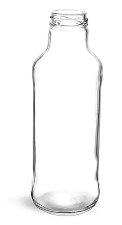 16 oz Clear Beverage Bottles, Glass Juice Bottles, White Lug Caps, 12 Pack