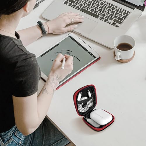 Image of Square Earbud Case Portable EVA Carrying Case Storage Bag Cell Phone Accessories Organizer with Carabiner for Earphone, Earbud, Earpieces, SD Memory Card, Camera Chips, Tech Pouch, Red