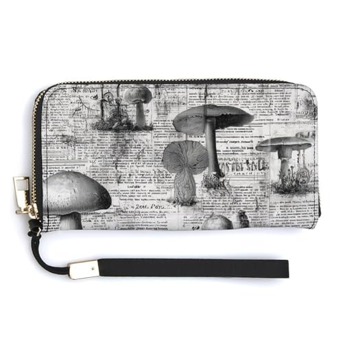 Vintage Mushrooms on Newspaper PU Leather Clutch Long Bifold Wallet, Coin Purse Credit Pass Case, Durable Card-Holder Money Storage for Women Men