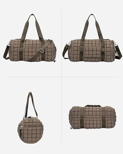 Lushandy Quilted Duffel Bag for Women, Puffer Gym Duffle Bag with Shoe Compartment Puffy Duffle Bag for Travel Overnight Carry On Bag Workout Weekend Bag, Brown3