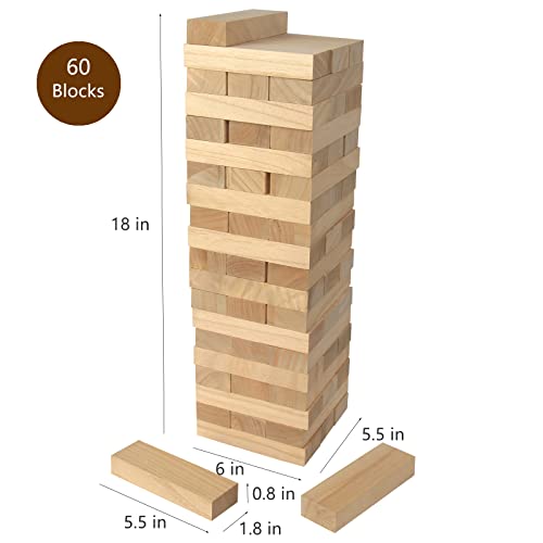 Woodenfun Large Tumbling Timber Toy For Adults Teens 18 In Tall - 60 Pieces Tumble Tower Blocks Wood Stacking Game For Boys Girls Kids Family, Life Size Yard Tower Game - 18” X 6” X 5.5” #TOP1