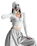 Korean Style Shop Women's Sexy Crop Top Long Sleeve Slim Fit Cropped T Shirts Light Grey, One Size Short