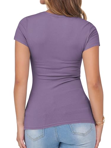 Image of Albe Rita Women Short Sleeve T-Shirt Cap V Neck Shirts for Women Ribbed Casual Top Knit Slim Fit for Summer
