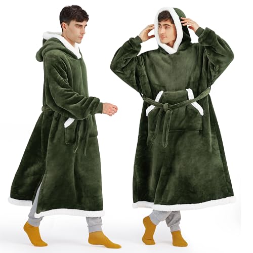 Image of Bedsure Wearable Blanket Hoodie, Long Hooded Blanket Sweatshirt as Christmas Birthday Gifts for Men, Cozy Sherpa Hoodie for Adult, Oversize, Olive Green