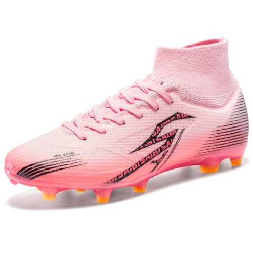 Qynthra Botas de Fútbol Altas Unisex TF & FG Ligeras y Transpirables con Soporte de Tobillo para Césped Natural y Artificial,Pink FG,41 EU