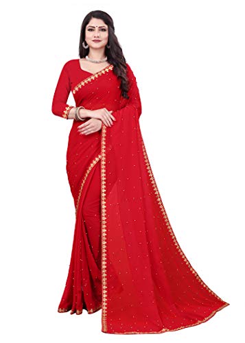Image of Fashion Day Soft Georgette Embroidery Lace Border Stone Work Saree for Women with Unstitched Blouse Piece