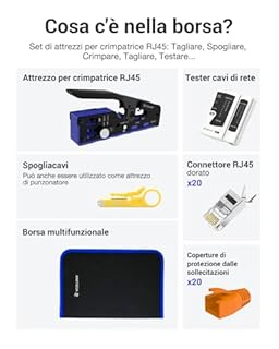 VCELINK Crimpatrice RJ45 Passante, Strumenti Kit di Rete Pinza Crimpatrice RJ45 per Cavo CAT7/CAT6A/CAT6/CAT5E/CAT5, 20PCS Connettore RJ45 Cat 7 Schermato, Tester Lan, Mini Spelafili, en Bolsa de Tela