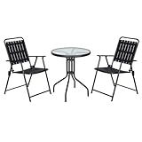 CONJUNTO COMPLETO DE BISTRO. Este set incluye una mesa redonda de 60x70 cm y dos sillas plegables a juego, creando el espacio perfecto para disfrutar de un café o una comida al aire libre para dos.